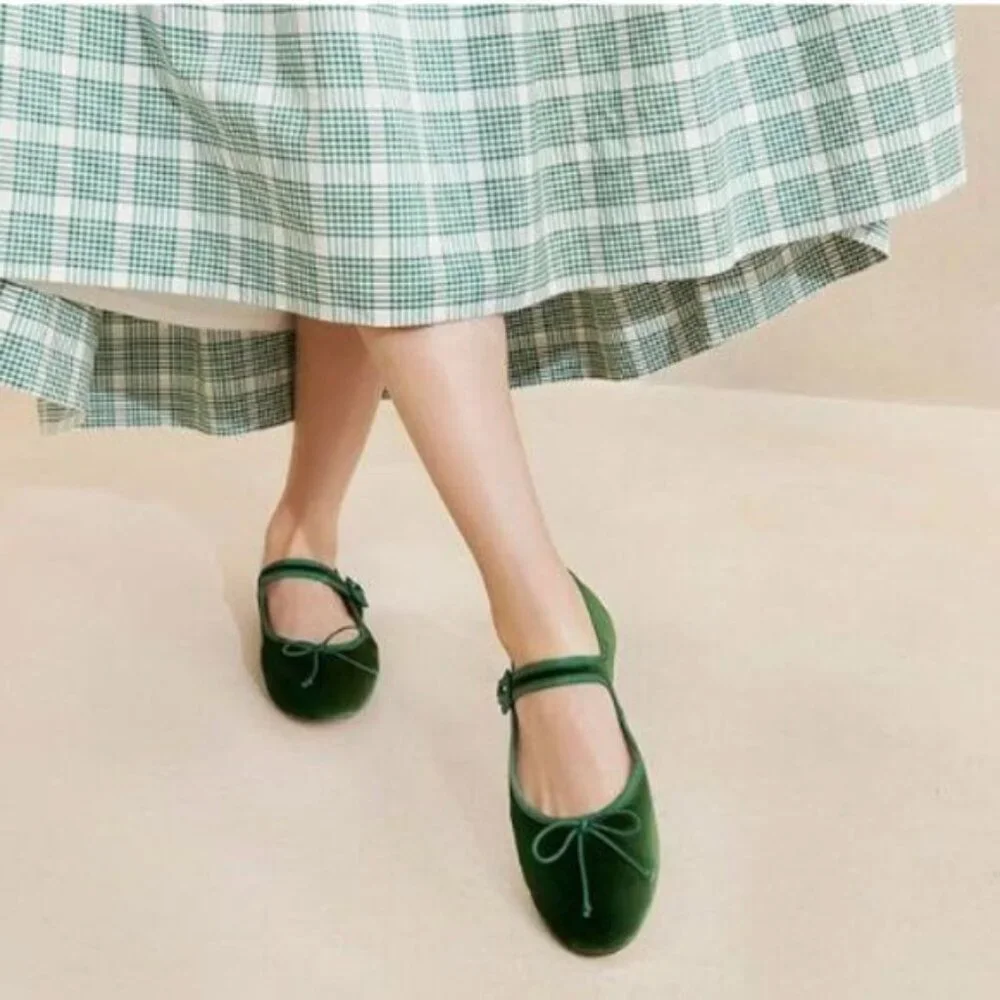 Miss Left Green Bowknots Ankle Strap Mary Jane Classic Round Toe Ballet Flats